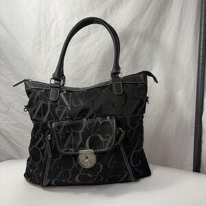 NY & Co Black Logo Jacquard Shoulder Bag Large Work Tote Silver Hardware Purse